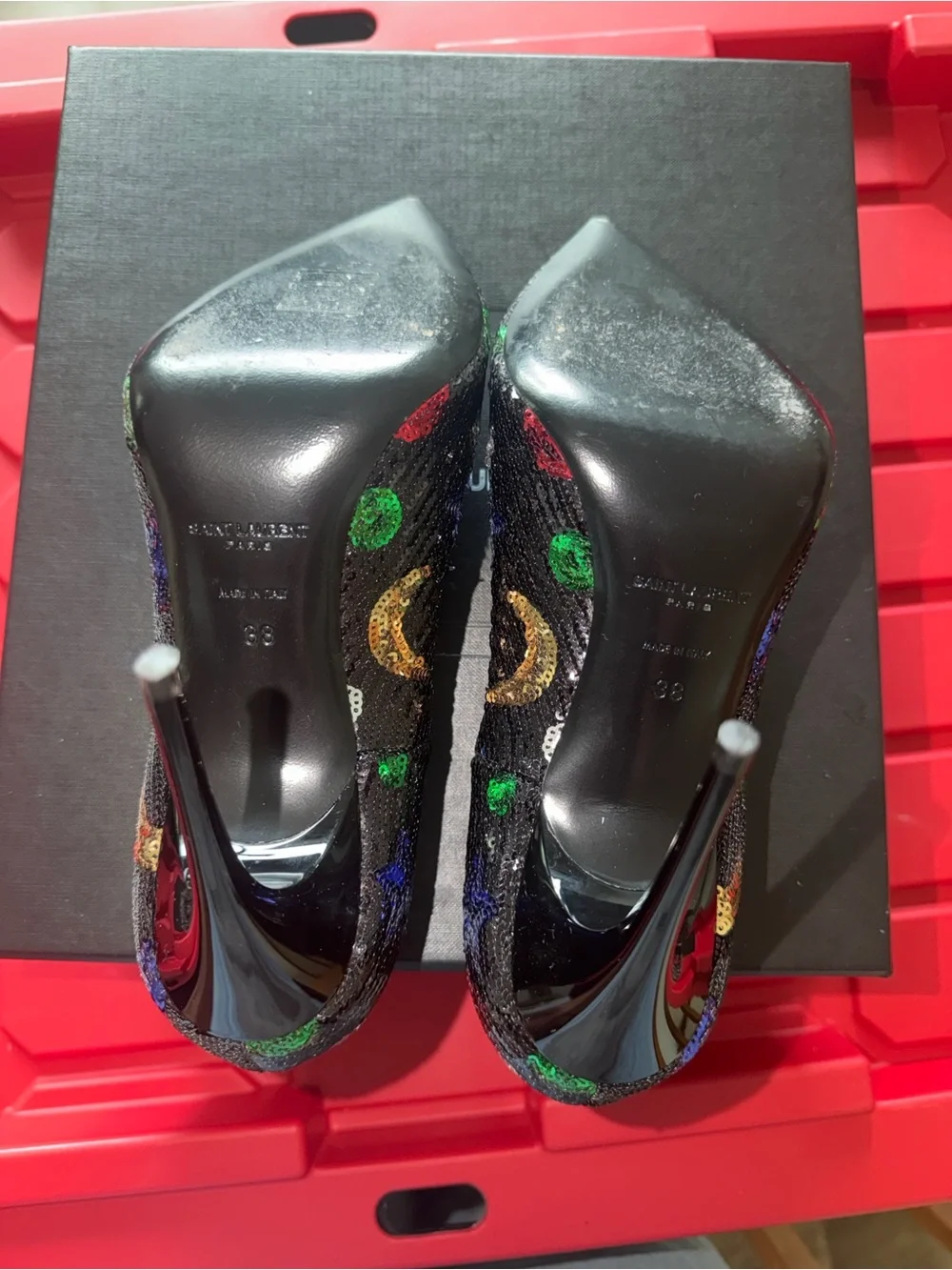 Saint Laurent Black Pointed Pumps with Multicolor Dots - Picture 8 of 9